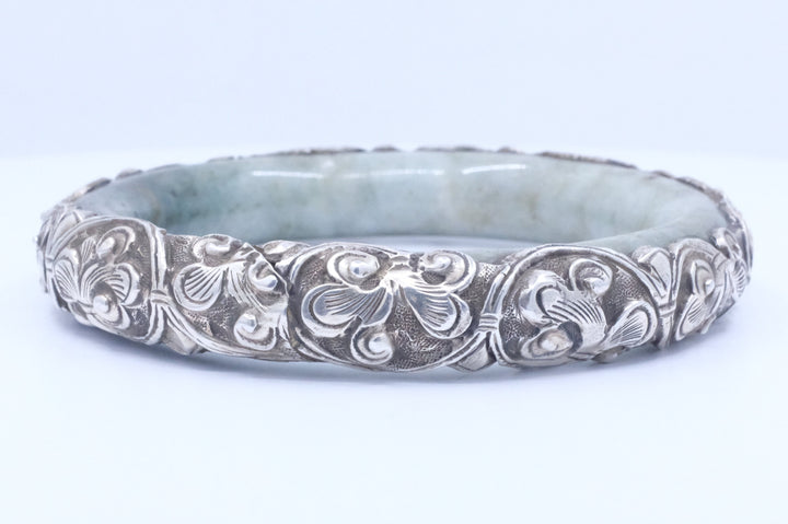 Sterling Silver Jadeite Jade Repoussé Bangle Bracelet