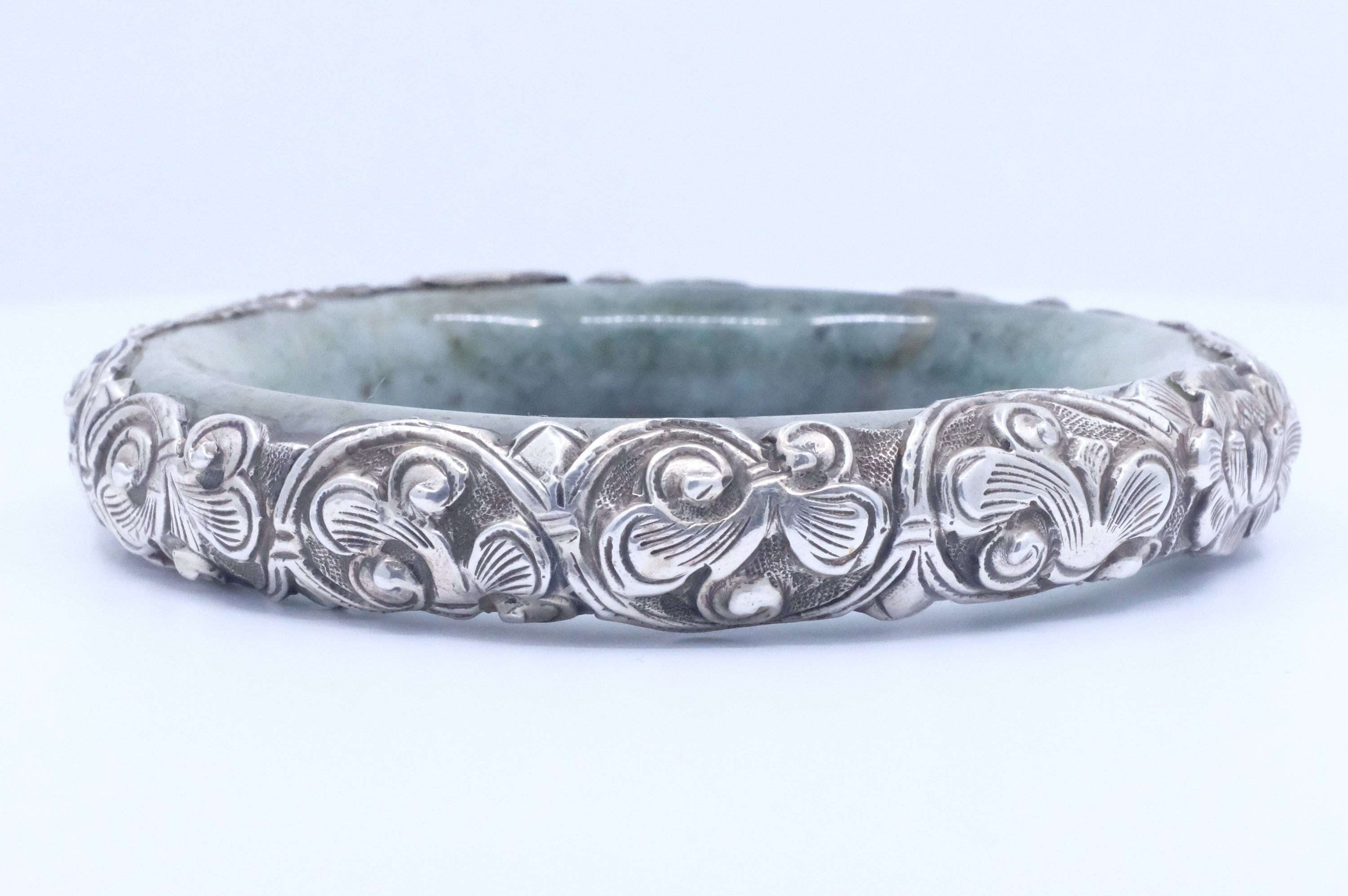 Sterling Silver Jadeite Jade Repoussé Bangle Bracelet