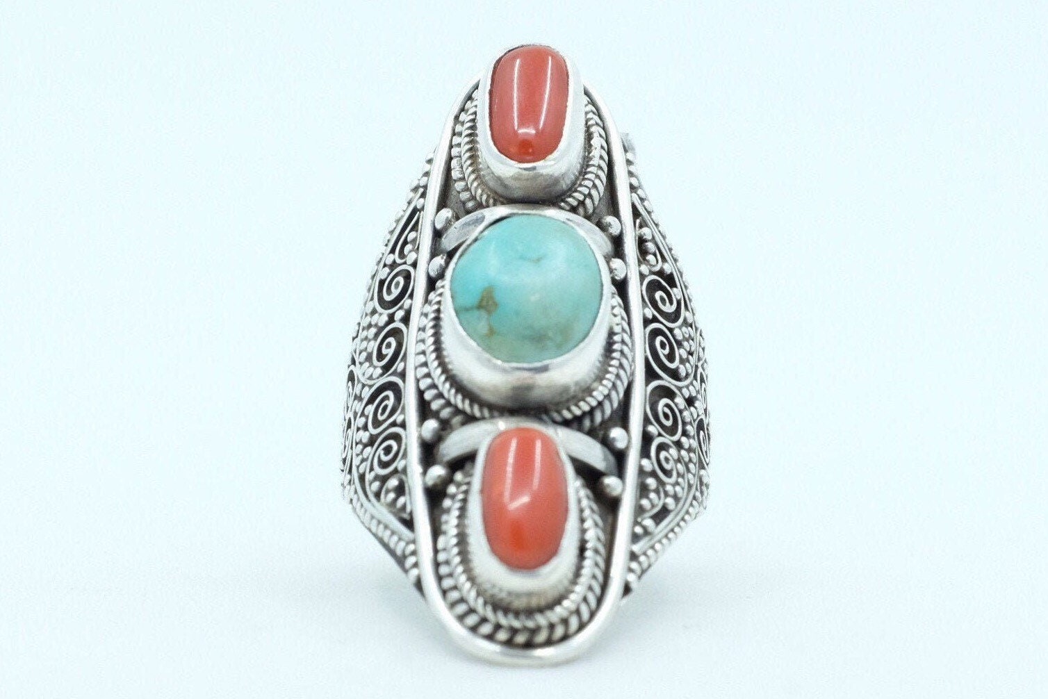 Sterling Silver Tibetan Turquoise & Coral Ring