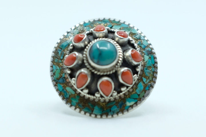 Sterling Silver Turquoise & Coral Tibetan Ring