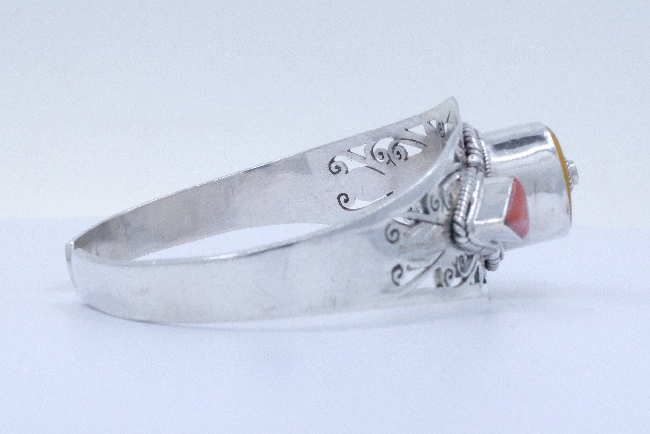 Sterling Silver Tibetan Amber and Coral Cuff Bracelet