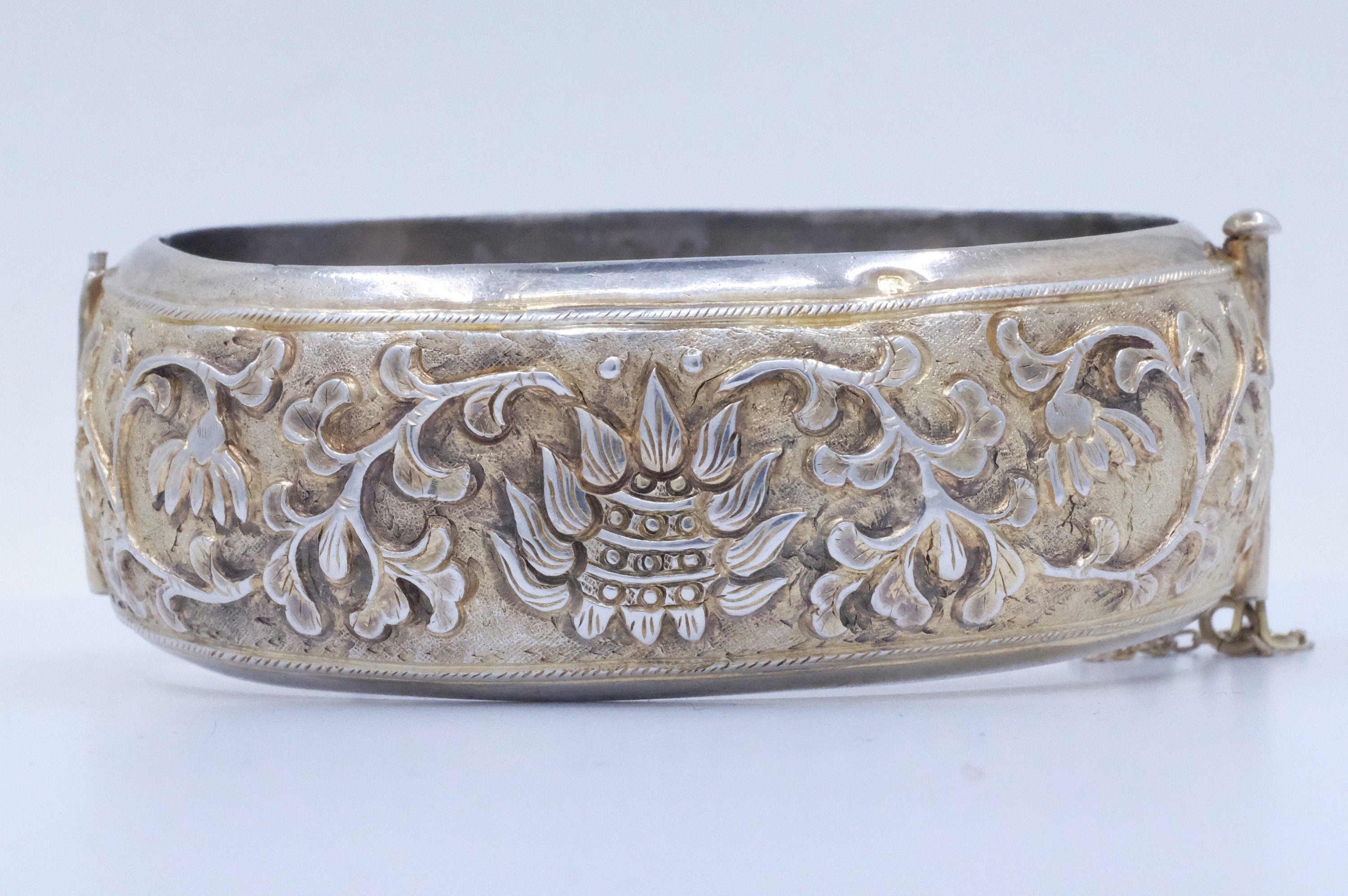 Sterling Silver Gold Filled Repousse Tibetan Hinged Bangle