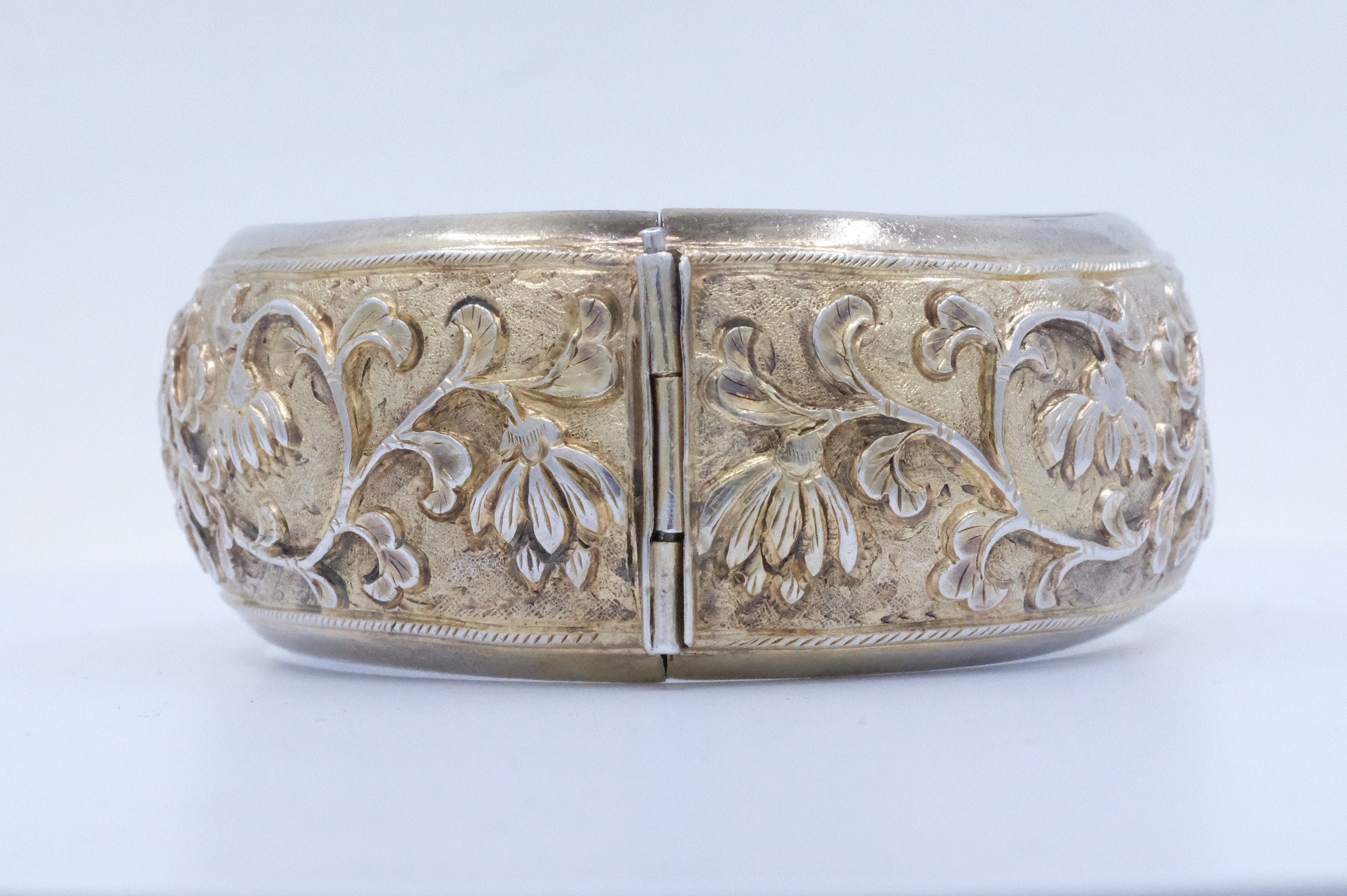 Sterling Silver Gold Filled Repousse Tibetan Hinged Bangle