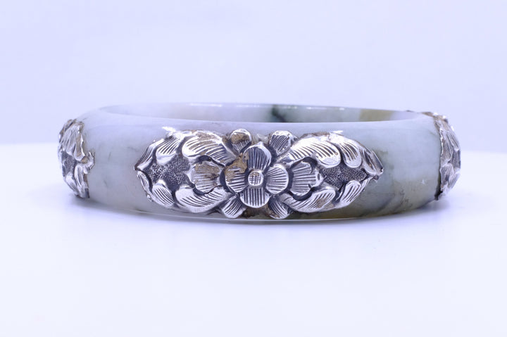 Sterling Silver Jadeite Jade Repoussé Bangle Bracelet