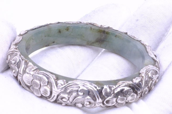 Sterling Silver Nephrite Jade Repousse Bangle