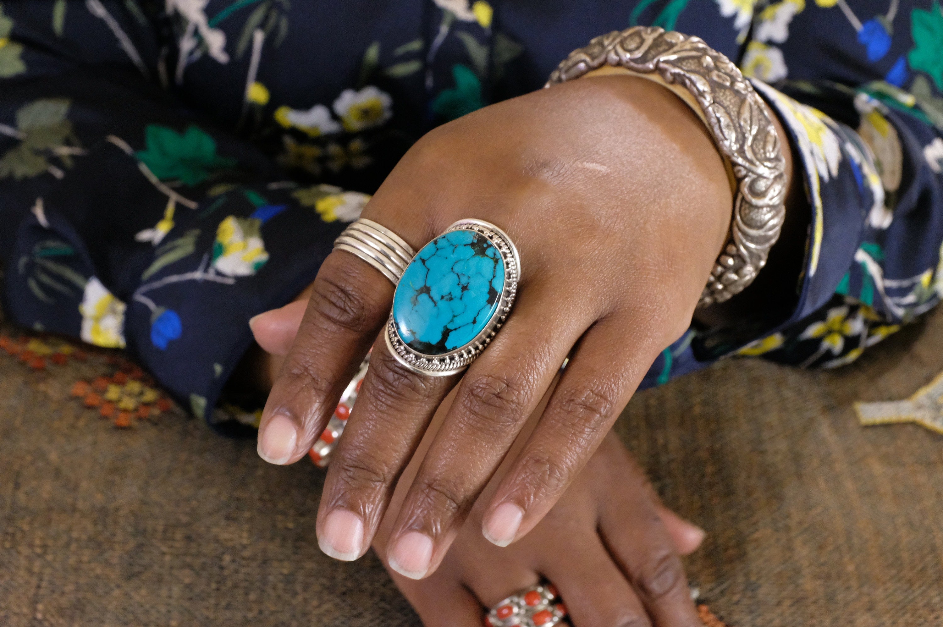 Sterling Silver Filigree Turquoise Tibetan Saddle Ring