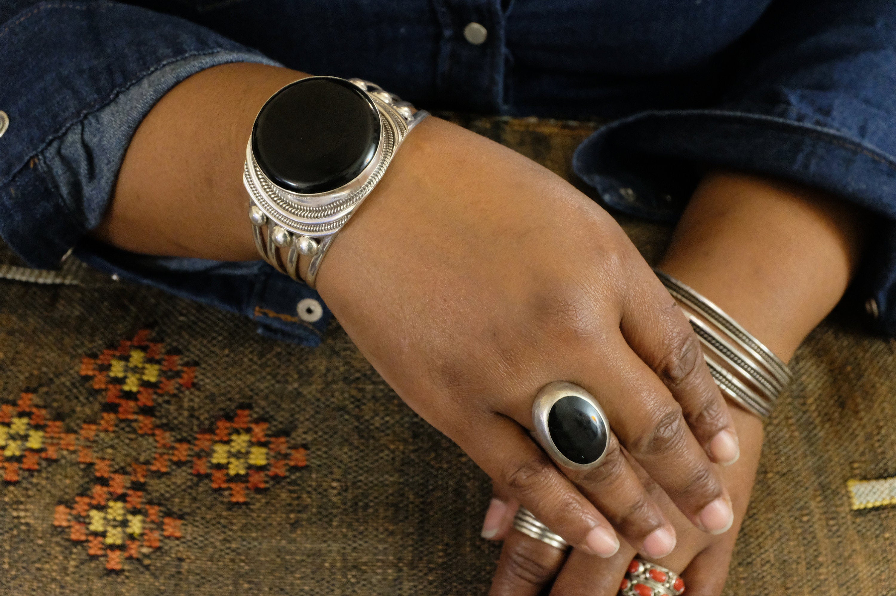 Sterling Silver Onyx Tibetan Cuff Bracelet