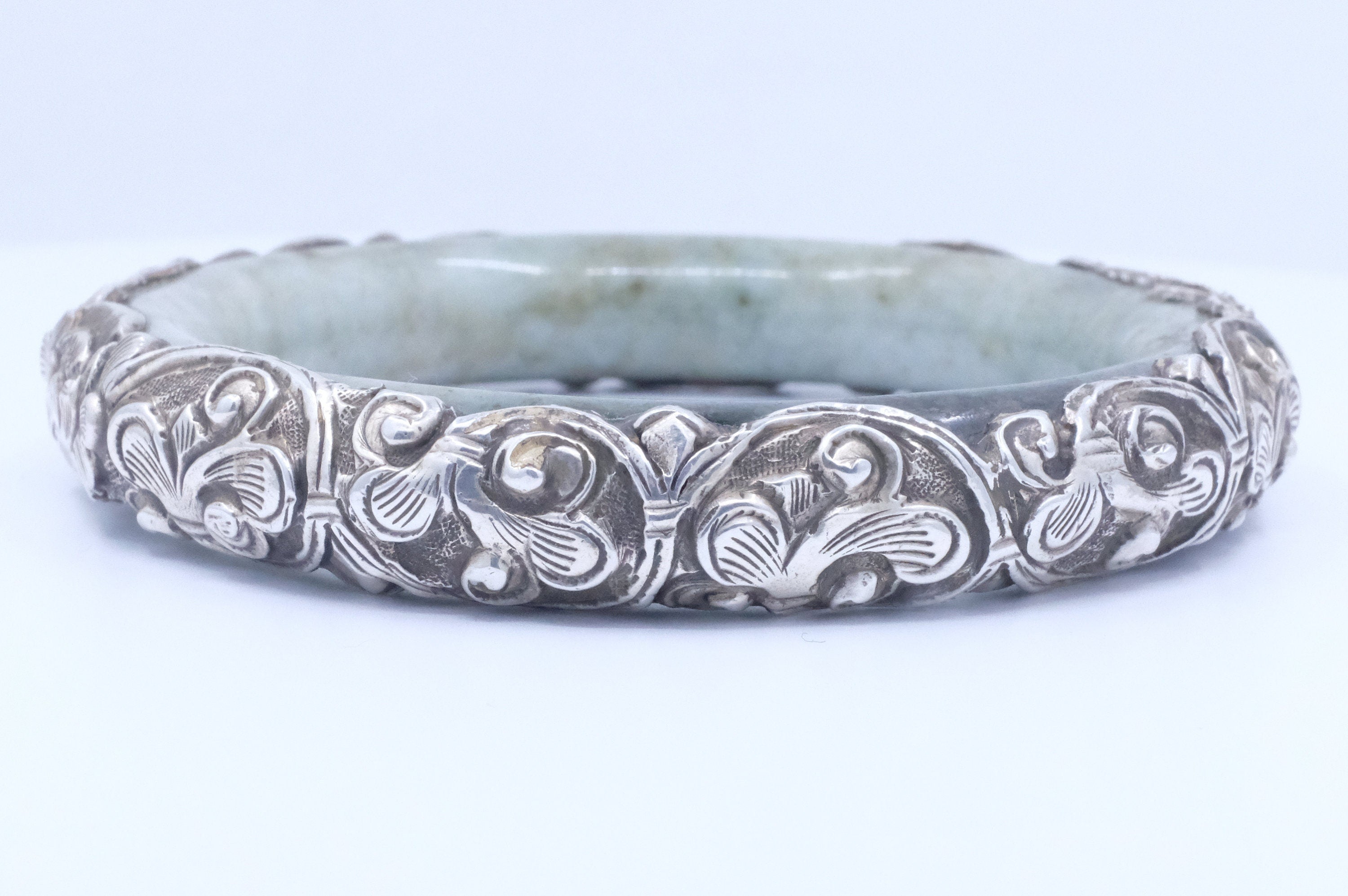 Sterling Silver Jadeite Jade Repoussé Bangle Bracelet