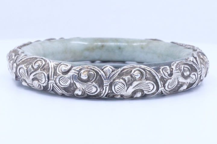 Sterling Silver Jadeite Jade Repoussé Bangle Bracelet