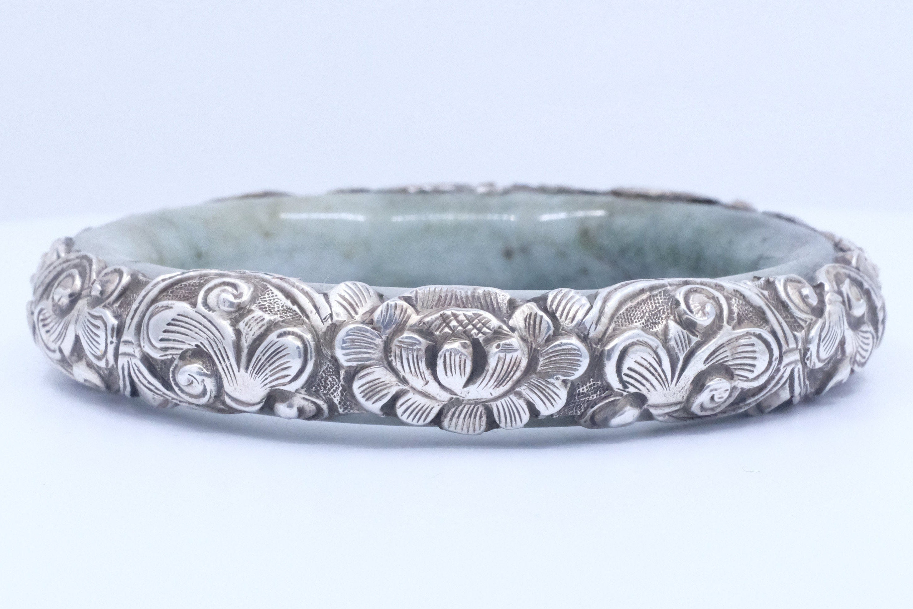 Sterling Silver Jadeite Jade Repoussé Bangle Bracelet