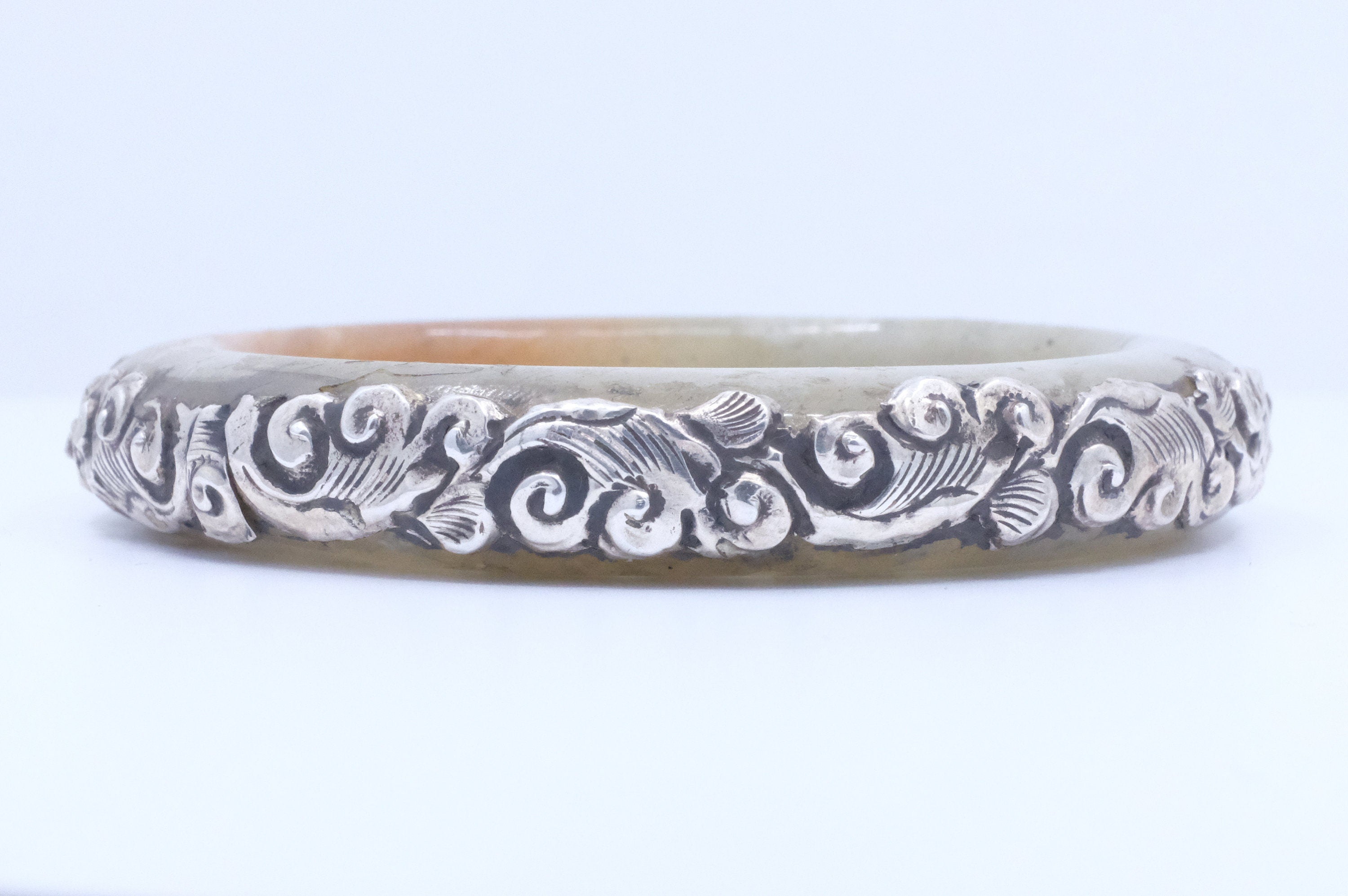 Sterling Silver Jadeite Repousse Jade Bangle